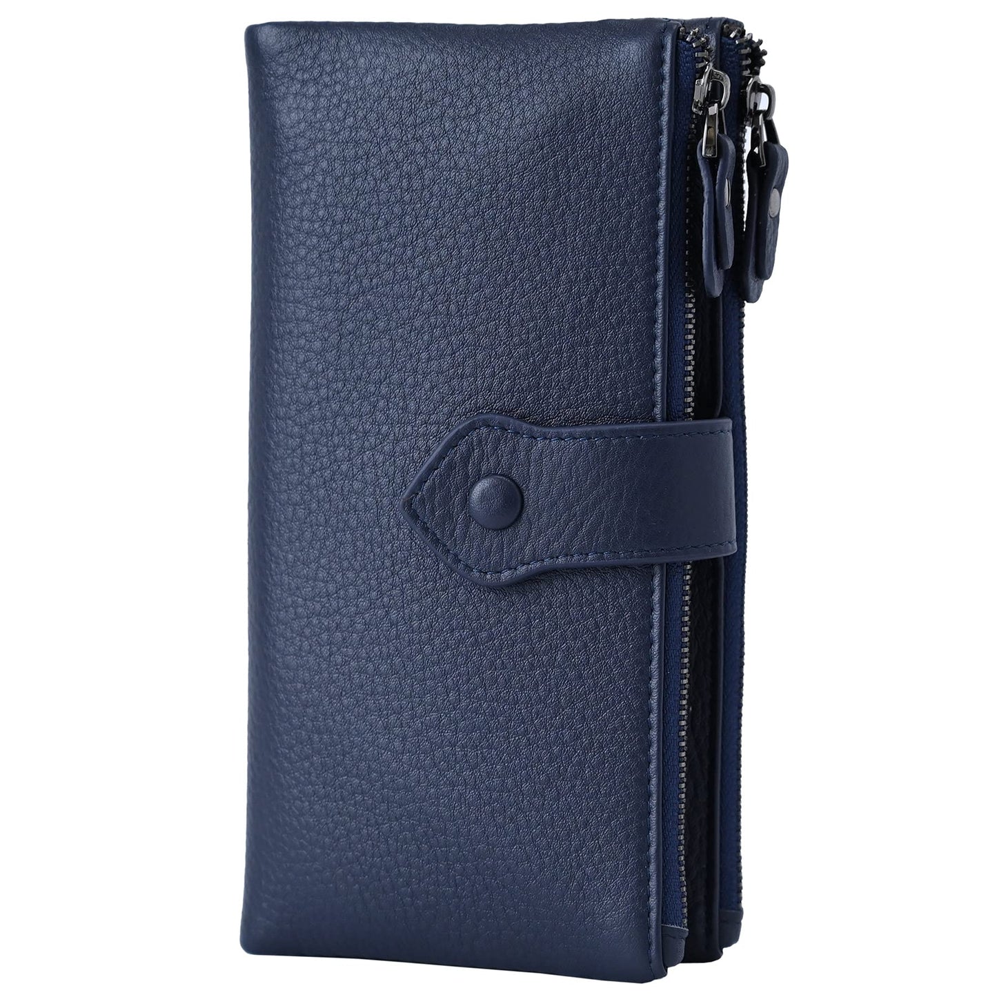 Bveyzi Women Soft Leather RFID Blocking Bifold Slim Wallets Ladies Credit Card Holder Double Zipper Pocket(Deep Blue)