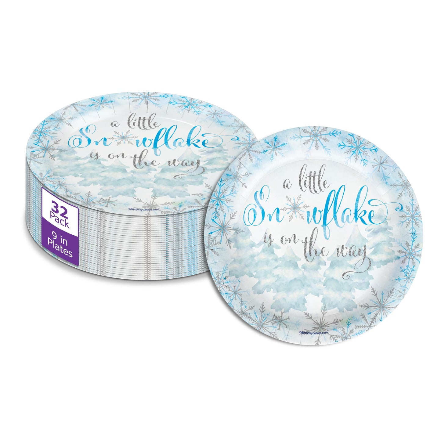 Birthday Galore A Little Snowflake is On The Way Boy's Baby Shower - 32 Piece Disposable Party Supplies - Winter Baby Shower Decorations - Round Party Plates - Large 9" Paper Plates In Bulk
