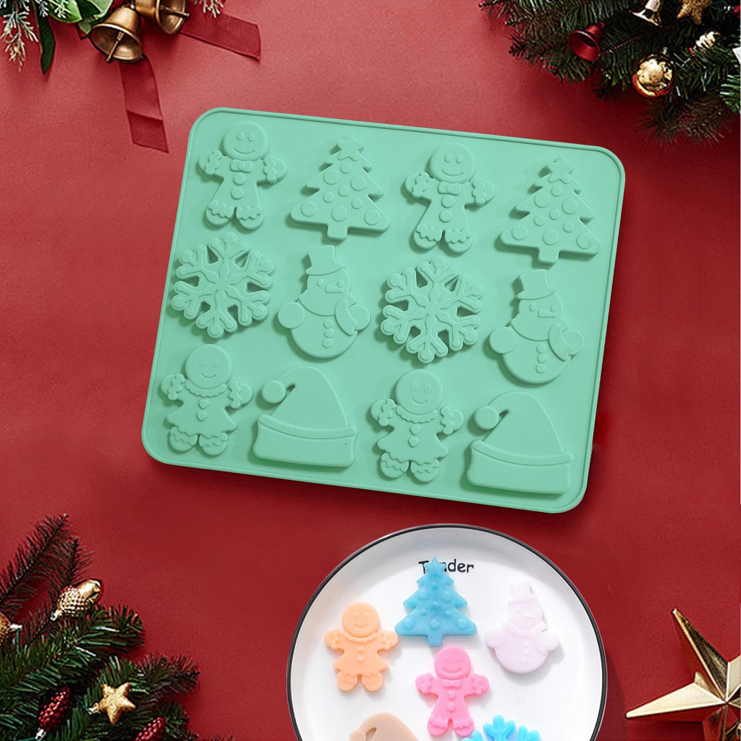 Zorazio 2Pack Christmas Silicone Cookie Chocolate Molds,Christmas Tree Silicone Mold, 12-Cavity Christmas Chocolate Mold for Candy Cookies Including Snowman Snowflakes Santa Hat