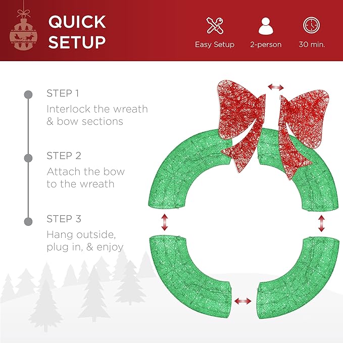 Best Choice Products 48in Pre-Lit Outdoor Christmas Wreath Decoration, LED Metal Holiday Decor for Home w/ 140 Lights, Bow - Green/Red