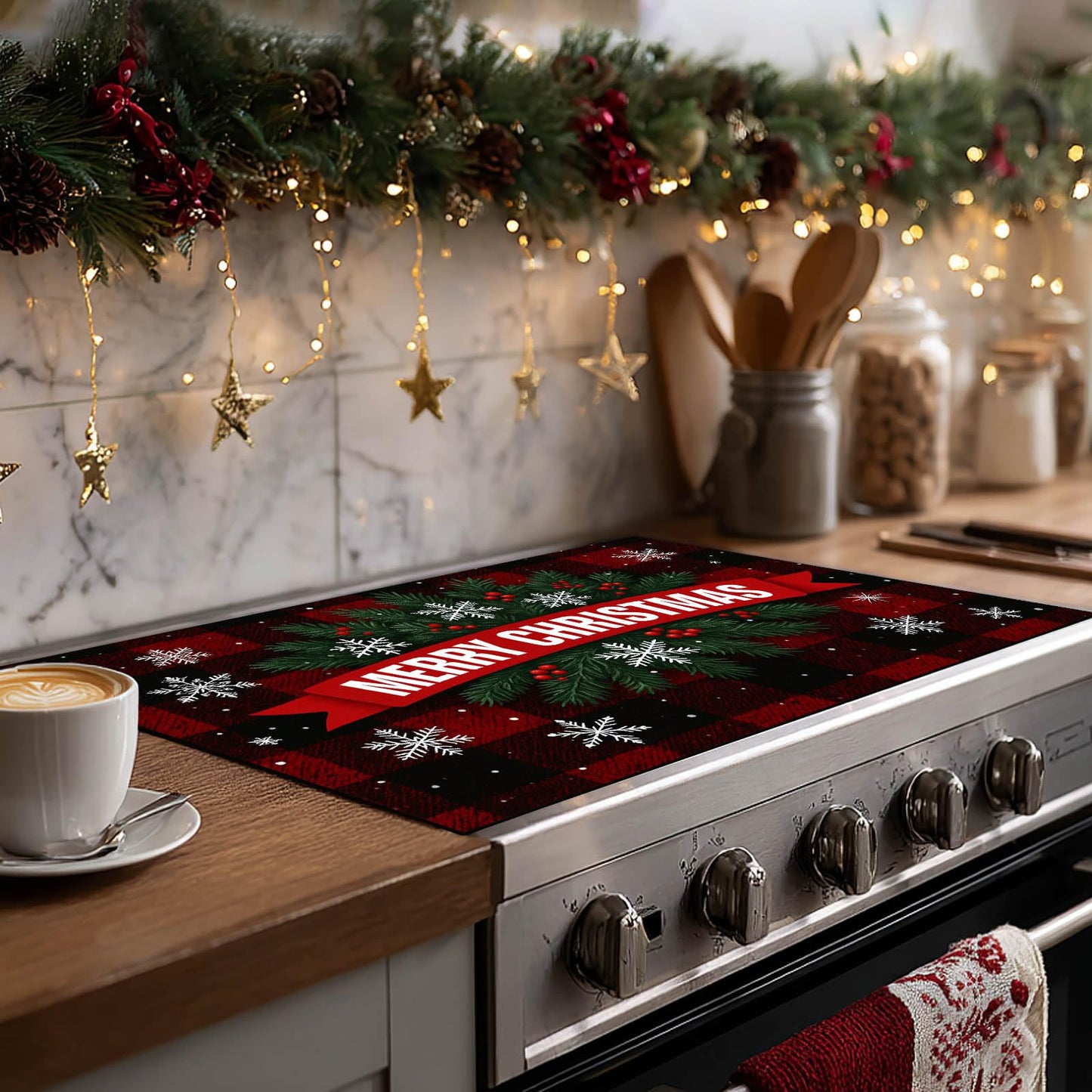 HOMETITUTE Glass Top Stove Cover Christmas Cooktop Protector 28x20 Inch Heat Resistant Silicone Stovetop Mat Holiday Kitchen Counter Cover Buffalo Plaid Snowflake Design