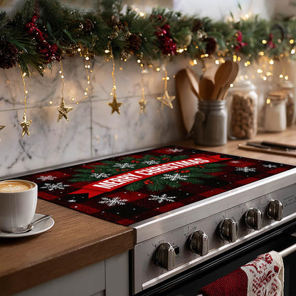 HOMETITUTE Glass Top Stove Cover Christmas Cooktop Protector 28x20 Inch Heat Resistant Silicone Stovetop Mat Holiday Kitchen Counter Cover Buffalo Plaid Snowflake Design