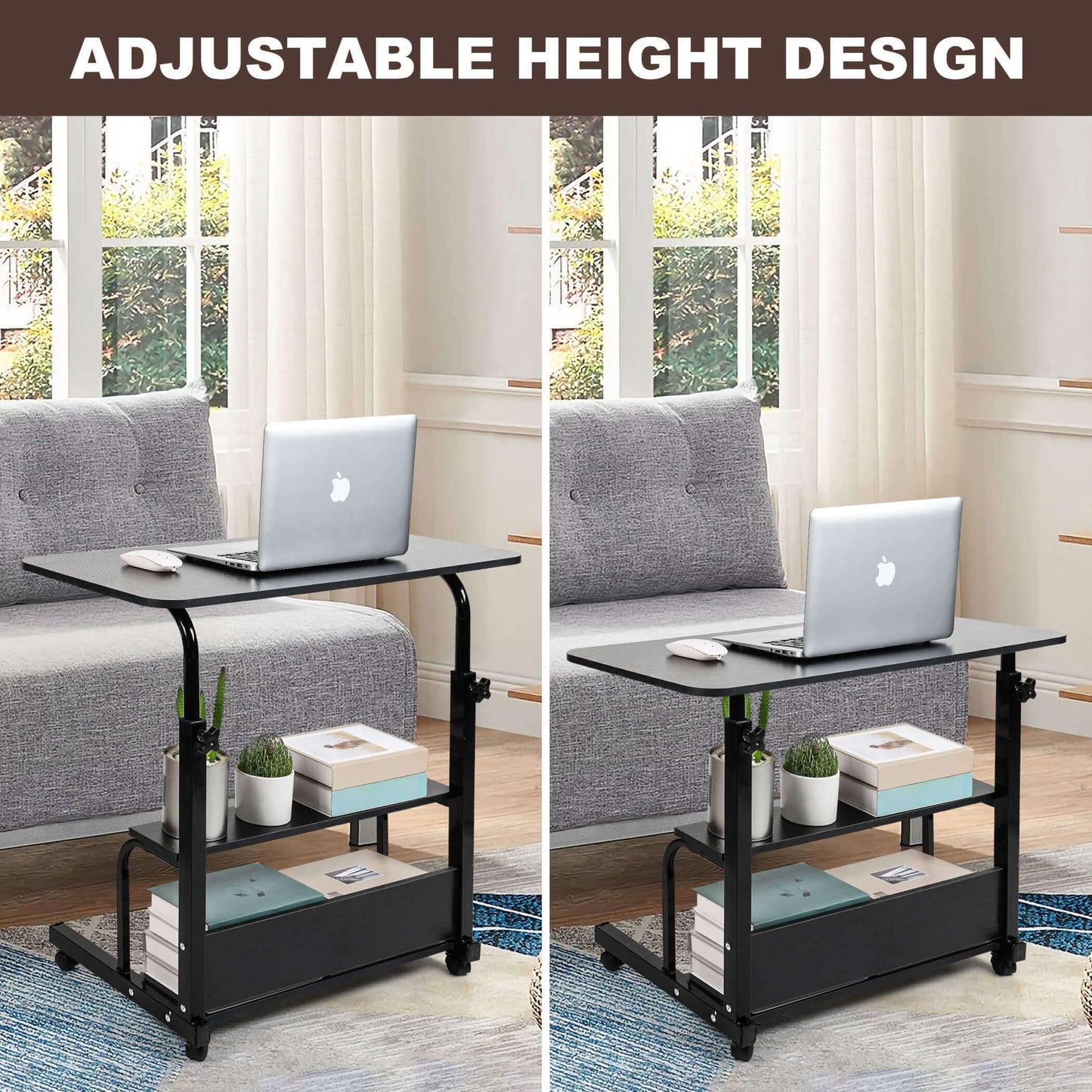 Adjustable Height Mobile Computer Desk for Small Space Rolling Writing with Wheels Corner Home Office Study Portable Bedrooms Work Desk Standing Desk Sizes 31.5X15.7 Inches Black C