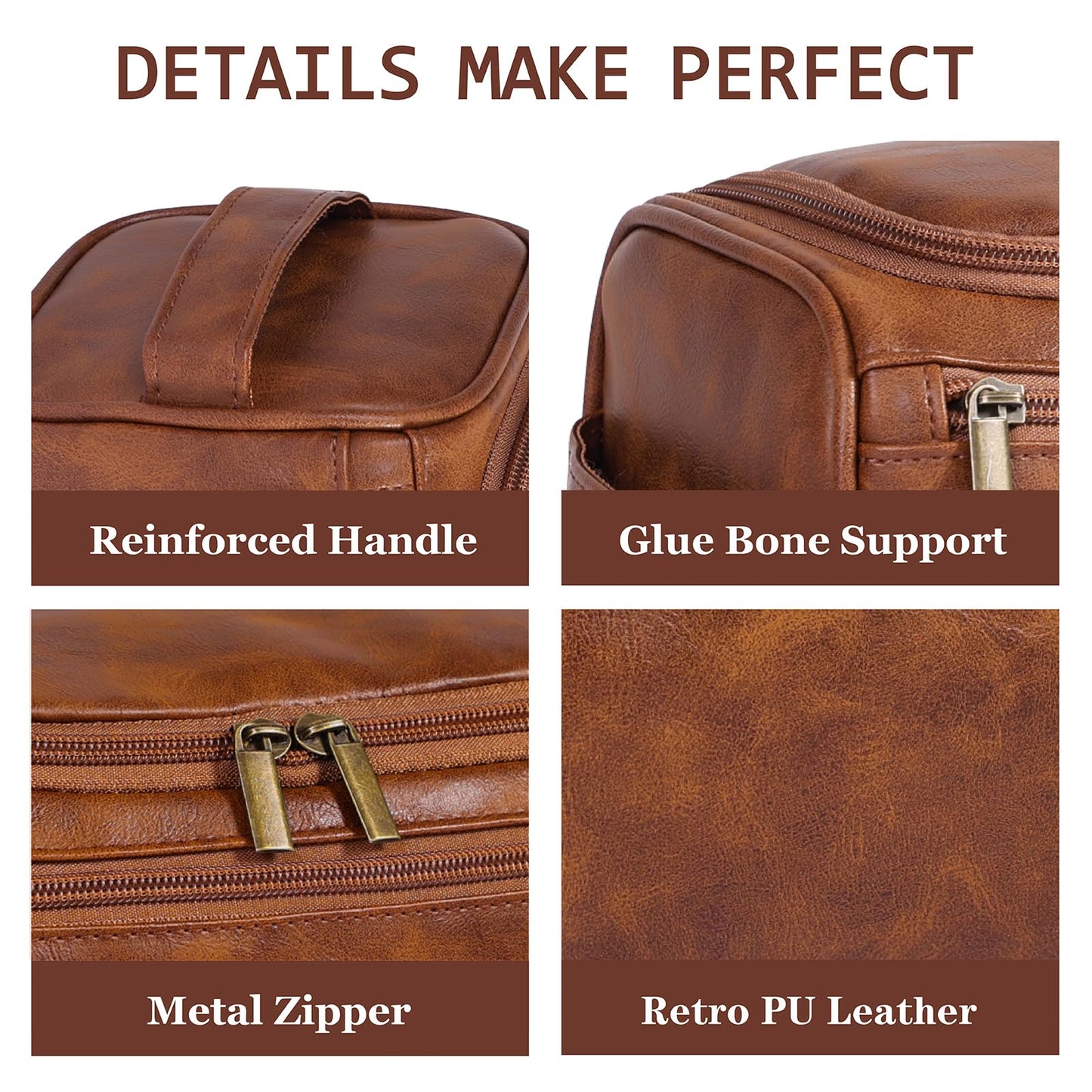 Seozata Toiletry Bag for Men, Hanging Travel Shaving Dopp Kit for Men and Women, Water-resistant Toiletries Organizer Bags, PU Leather Cosmetic Bags for Makeup Accessories (Light Brown)