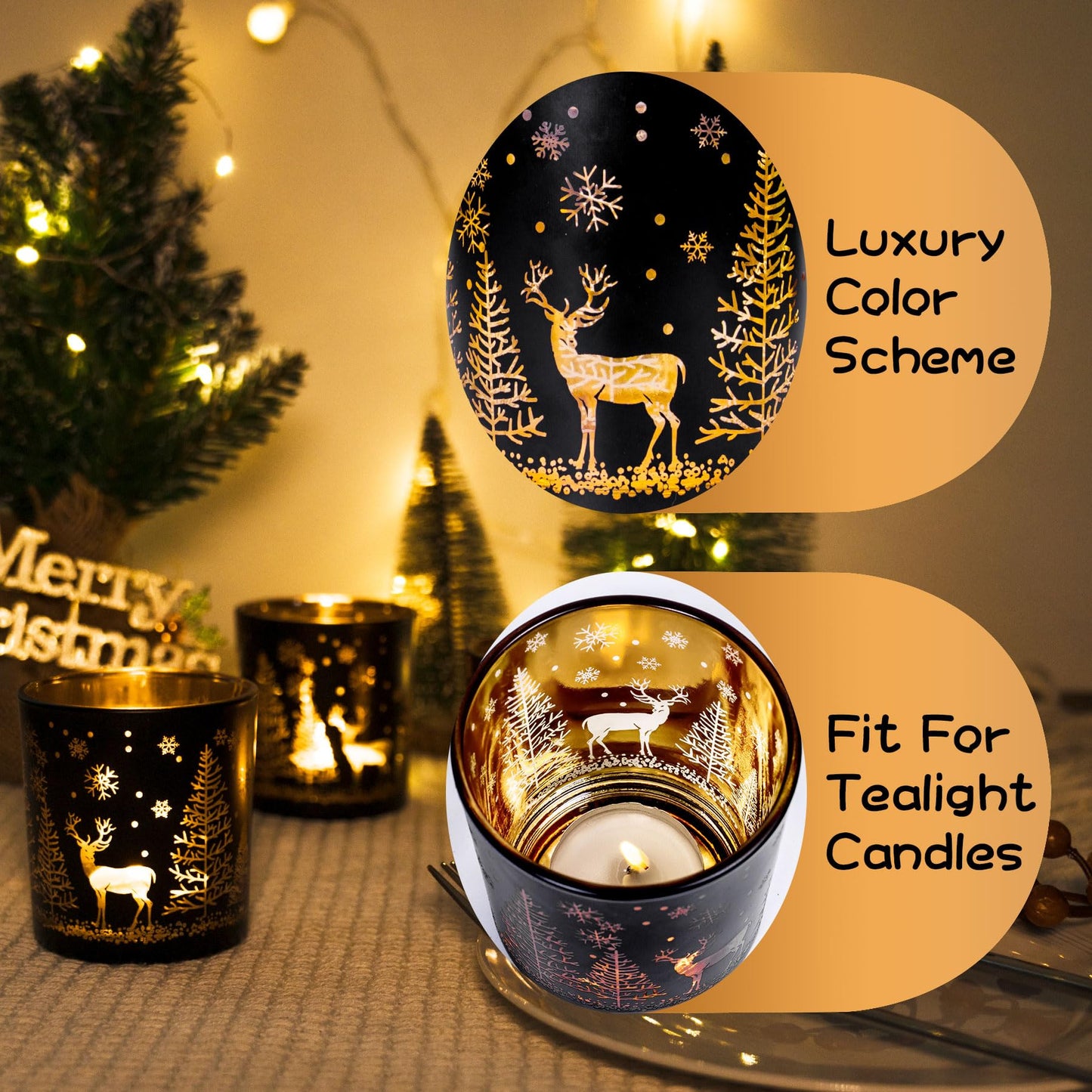 Toptime Votive Candle Holders, Black and Gold Glass Tealight Candle Holder Set of 3, Christmas Candle Holder with Elk, Xmax Tree, Snowflake Pattern, Table Canterpieces for New Year Party Decor