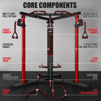 JELENS CC01 Fitness Cable Crossover Machine with High and Low Pulley System, Functional Trainer with with Pull Up Bars and Optional Bundle (Red, CC01 Cable Crossover Machine)