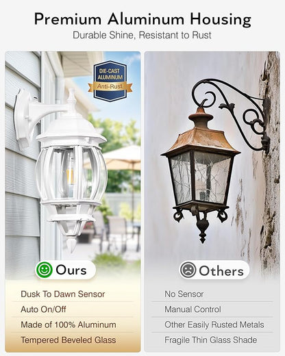VIANIS Outdoor Light Fixtures Wall Mount for House, White Exterior Wall Sconce Lanterns Lights for Porch, Modern Dusk to Dawn Outdoor Garage Lighting for Front Door with Tempered Glass, Anti-Rust