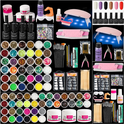 Nail Kit Set Professional Acrylic with Everything, 12 Glitter Acrylic Powder Kit Nails Art Tips Decoration, DIY Nail Art Tool and Supplies for Beginners