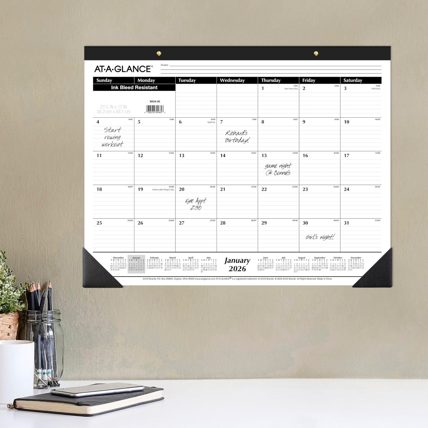 AT-A-GLANCE 2026 Desk Calendar, Monthly, Desk Pad, 21-3/4" x 17", Large, Ruled Blocks (SK240026), White