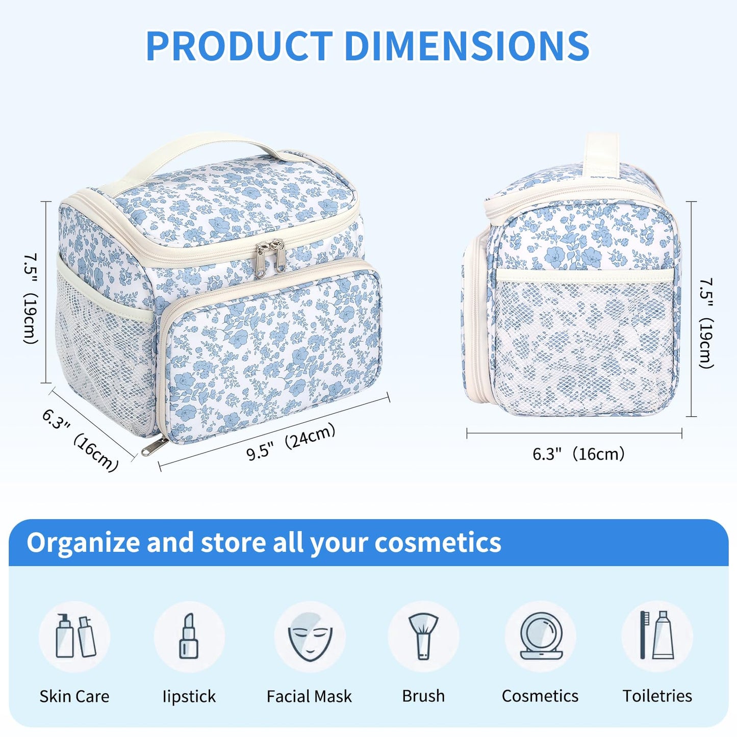 CUBETASTIC Travel Makeup Bag, Floral Make Up Bag with Brush Compartment, Vertical Storage Toiletry Bag with Partitions, Large Make Up Pouch for Women, Portable Makeup Case with Multi-Pockets