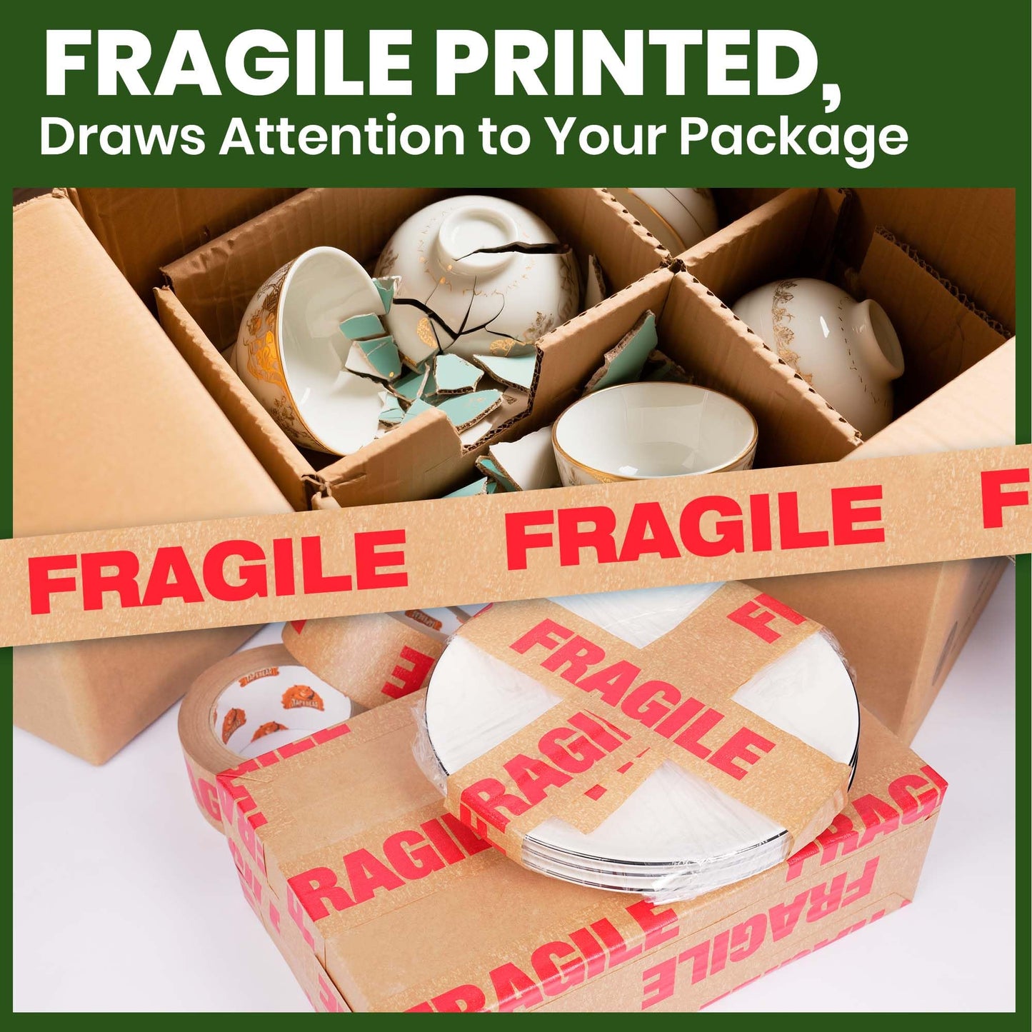TAPEBEAR Fragile Tape Eco-Friendly Kraft Paper Tape 2Inch x 55Yard, Biodegradable Packaging Brown Paper Tape Self Adhesive Box Tape for Small Business, Shipping, Sealing, Moving, 6Rolls