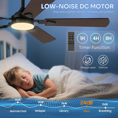 Crazypai Ceiling Fans with Lights, 52 Inch Modern Ceiling Fans with Lights and Remote Control, DC Reversible Motor, Noiseless, 3CCT, Ceiling Fan for Bedroom, Living Room, Apartment Indoor/Outdoor Use