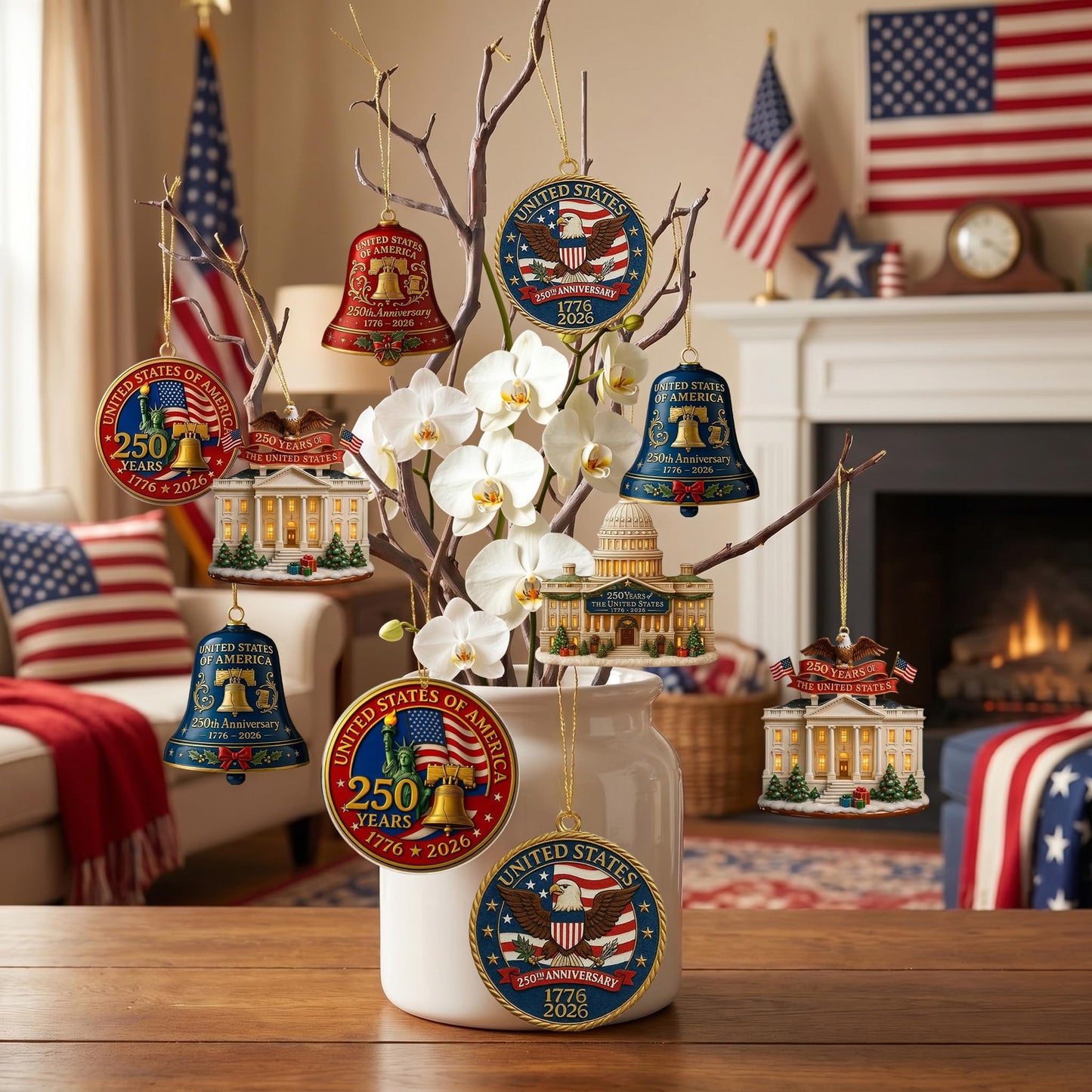 4pc 250th Anniversary USA Bell Ornament for 4th of July Decorations, 2D Acrylic 250 Anniversary Merchandise, America 250th Birthday Gifts, 250th Patriotic Decorations for Holiday Ornament Gift Bulk