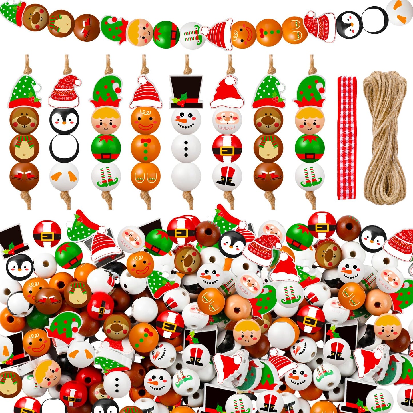 Cinnvoice 240 Pcs Summer Christmas in July Wood Beads with Twine Snowman Gingerbread Man Nutcracker Wooden Bead Garland DIY Crafts Round Beads for Xmas Party Decor (Classic Christmas)