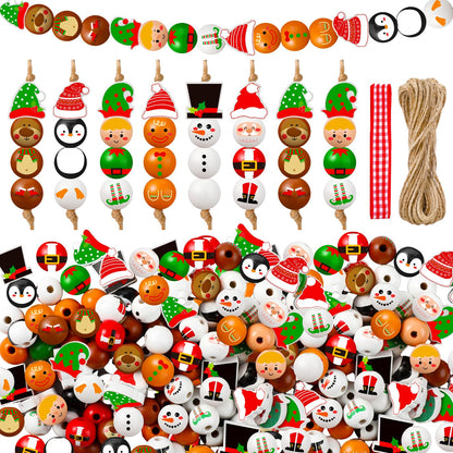 Cinnvoice 240 Pcs Summer Christmas in July Wood Beads with Twine Snowman Gingerbread Man Nutcracker Wooden Bead Garland DIY Crafts Round Beads for Xmas Party Decor (Classic Christmas)