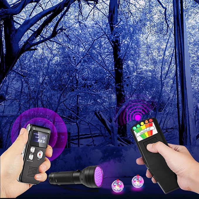 7-in-1 Ghost Hunting Equipment Kit for Paranormal Enthusiasts,Includes EMF Meter,EVP,Dowsing Rods,UV Light & Cat Balls-Novelty Set for Entertainment Use
