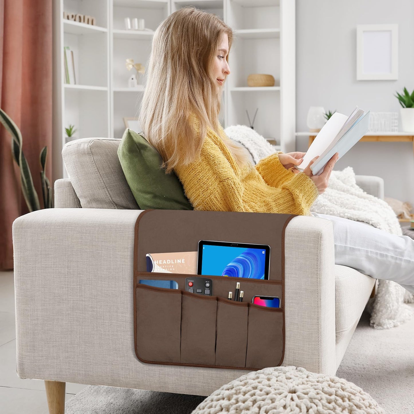WETRBWEH Remote Control Holder for Armchair, Couch Caddy Organizer TV Remote Holder for Bed Storage 5 Pockets, Remote Caddy Bedside Organizer Bedside Table Organizer (Brown, 35"x12.4")