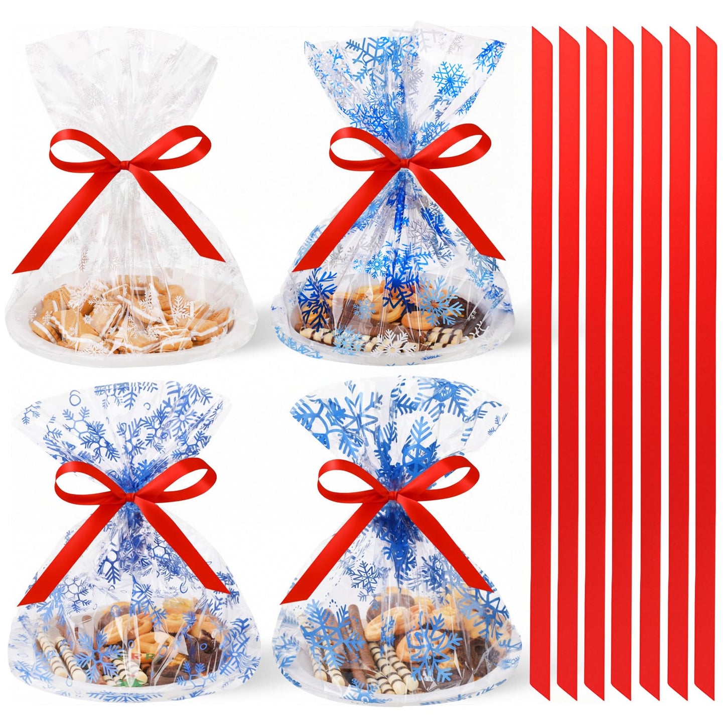 Tenceur 100 Sets Cellophane Cookie Tray Bags with Red Ribbons 15.8" x 19.7" Clear Cellophane Goodie Treat Basket Bags for Gift Giving Xmas Holiday Parties Wrap (Vivid Style)