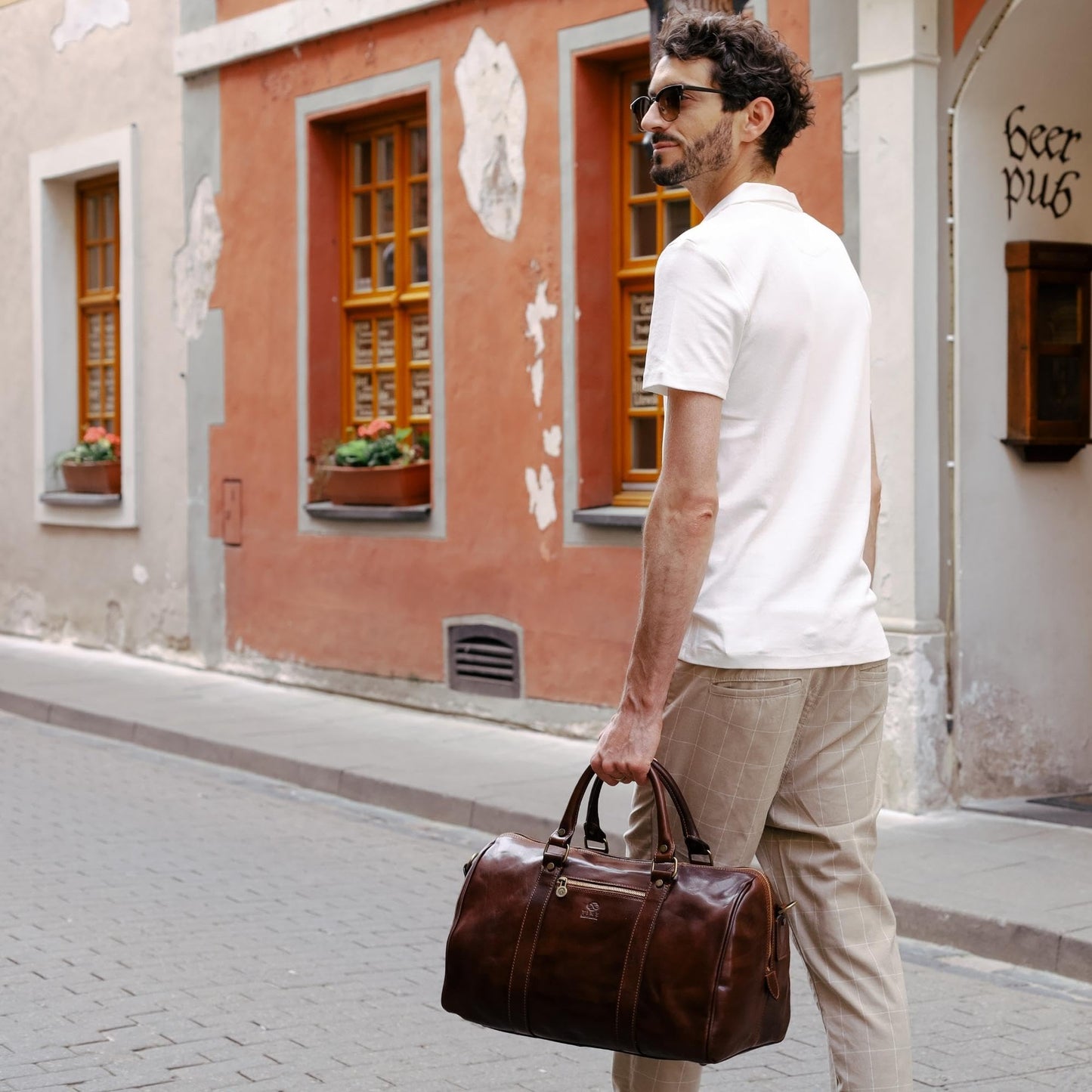 Time Resistance Full Grain Leather Small Duffel Bag - Gym Weekender Overnight Bag (Brown)