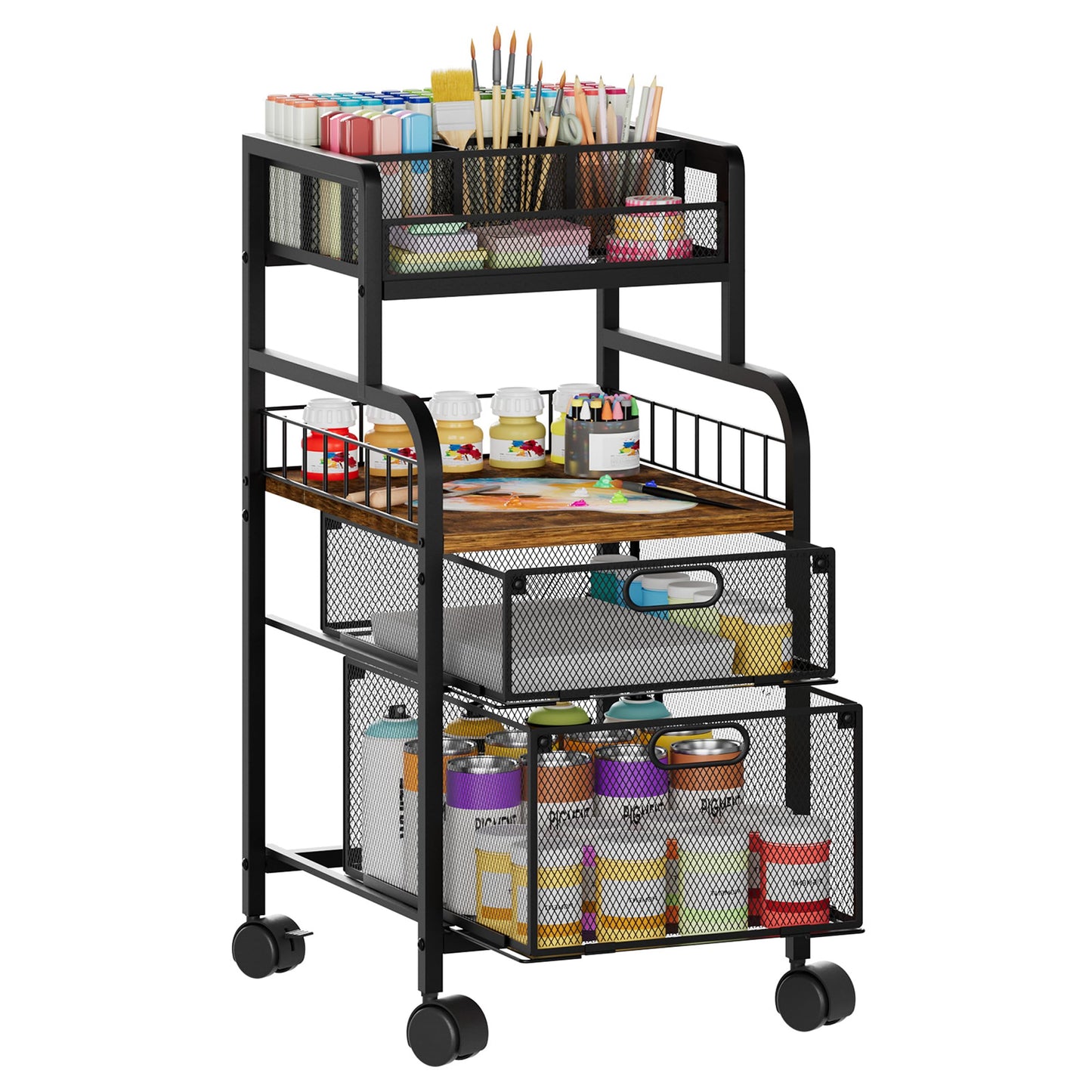 SWTYMIKI Rolling Cart with Drawers - Metal Utility Cart with Wood Shelf, DIY Divider and Locking Wheels, Craft & Art Cart Organizer for Under Desk Storage for Home Office Studio, Espresso