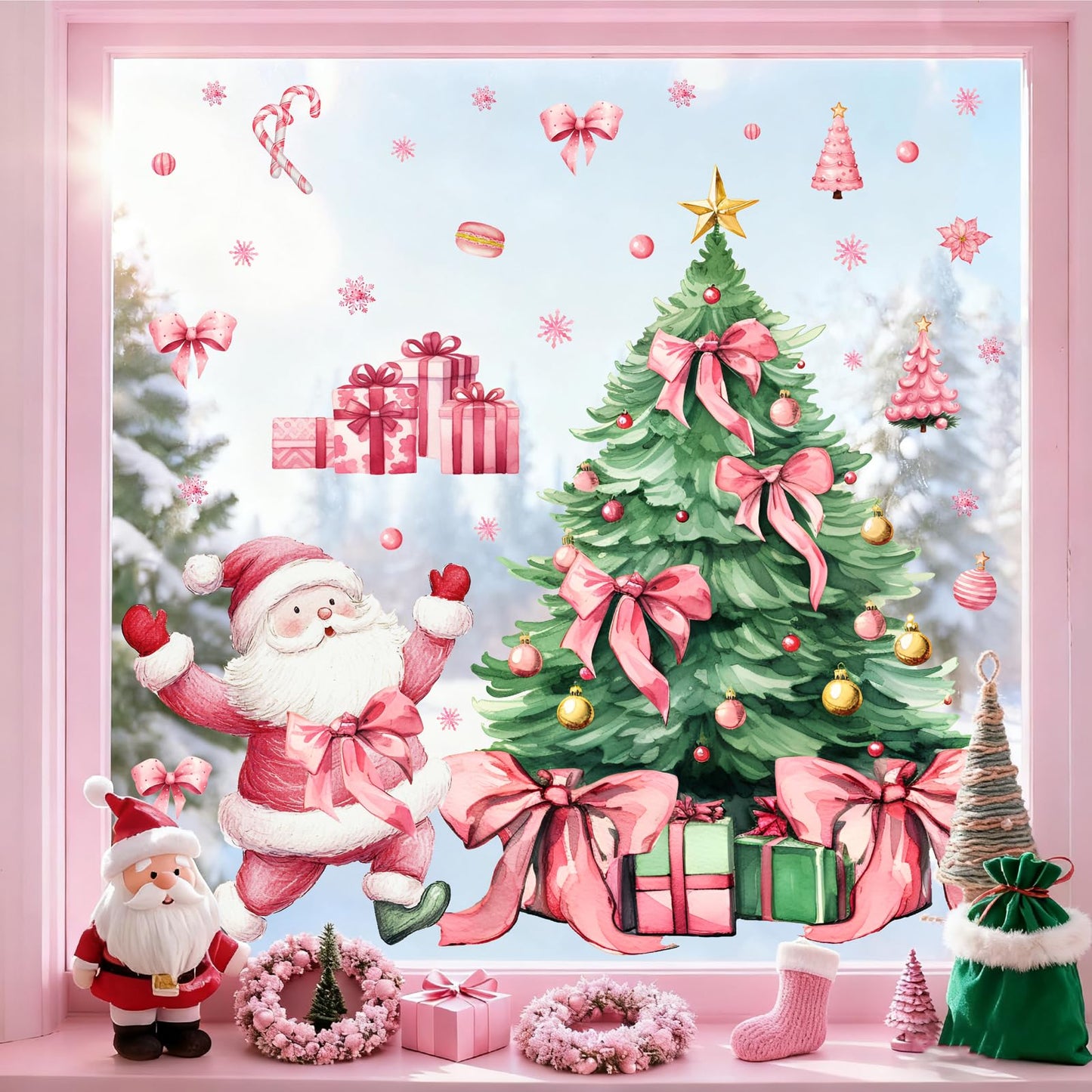 Christmas Decoration Window Decals Pink Bow Xmas Tree Window Clings Indoor Decor Removable Santa Claus Static Cling for Glass Double-Sided Snowflake Glass Sticker for 2026 New Year Living Room Supply