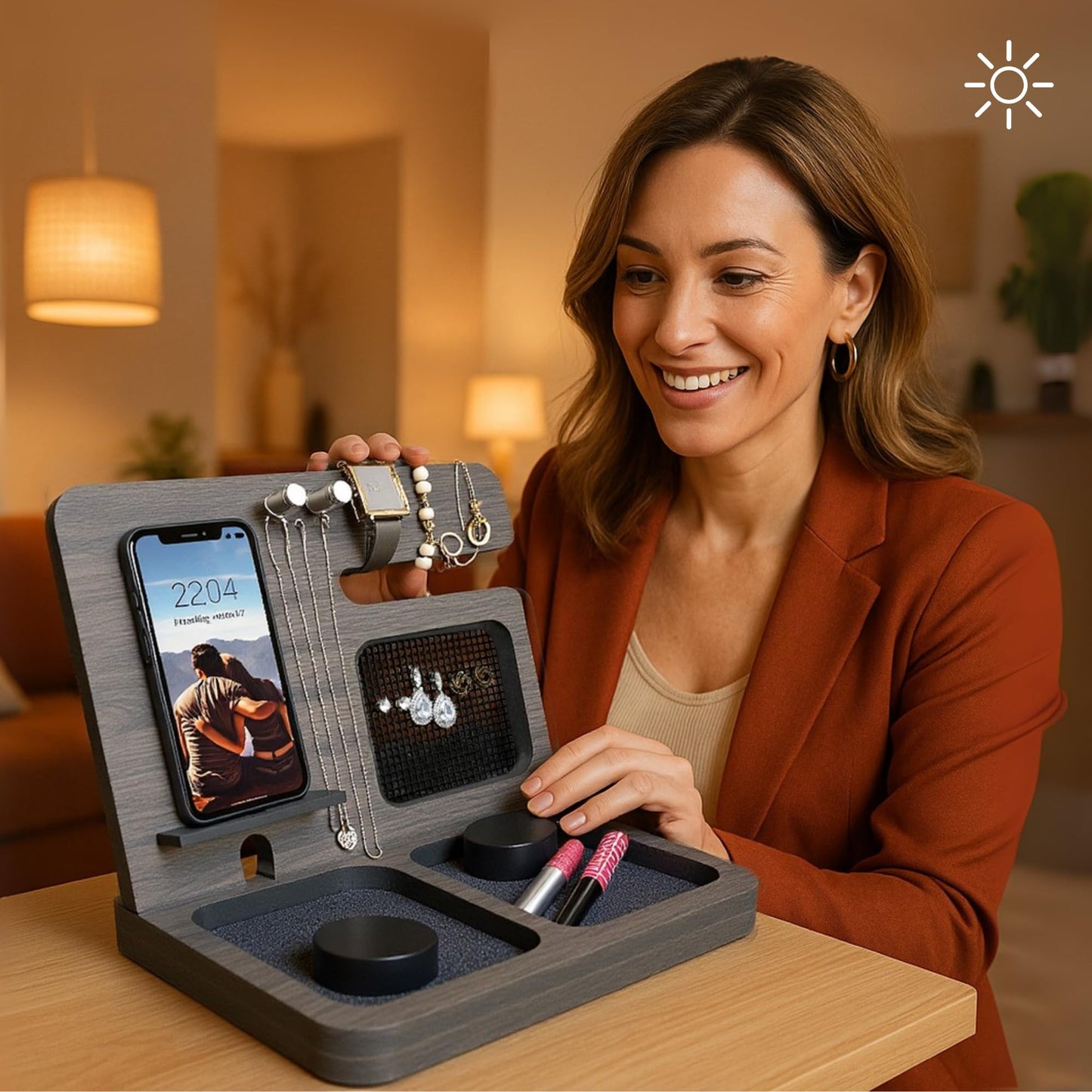 Namore Nightstand Organizer for Women – Wood Phone Docking Station & Jewelry Valet Tray for Phone, Earrings, Wallet & Keys – Unique Gifts for Women, Wife, Mom