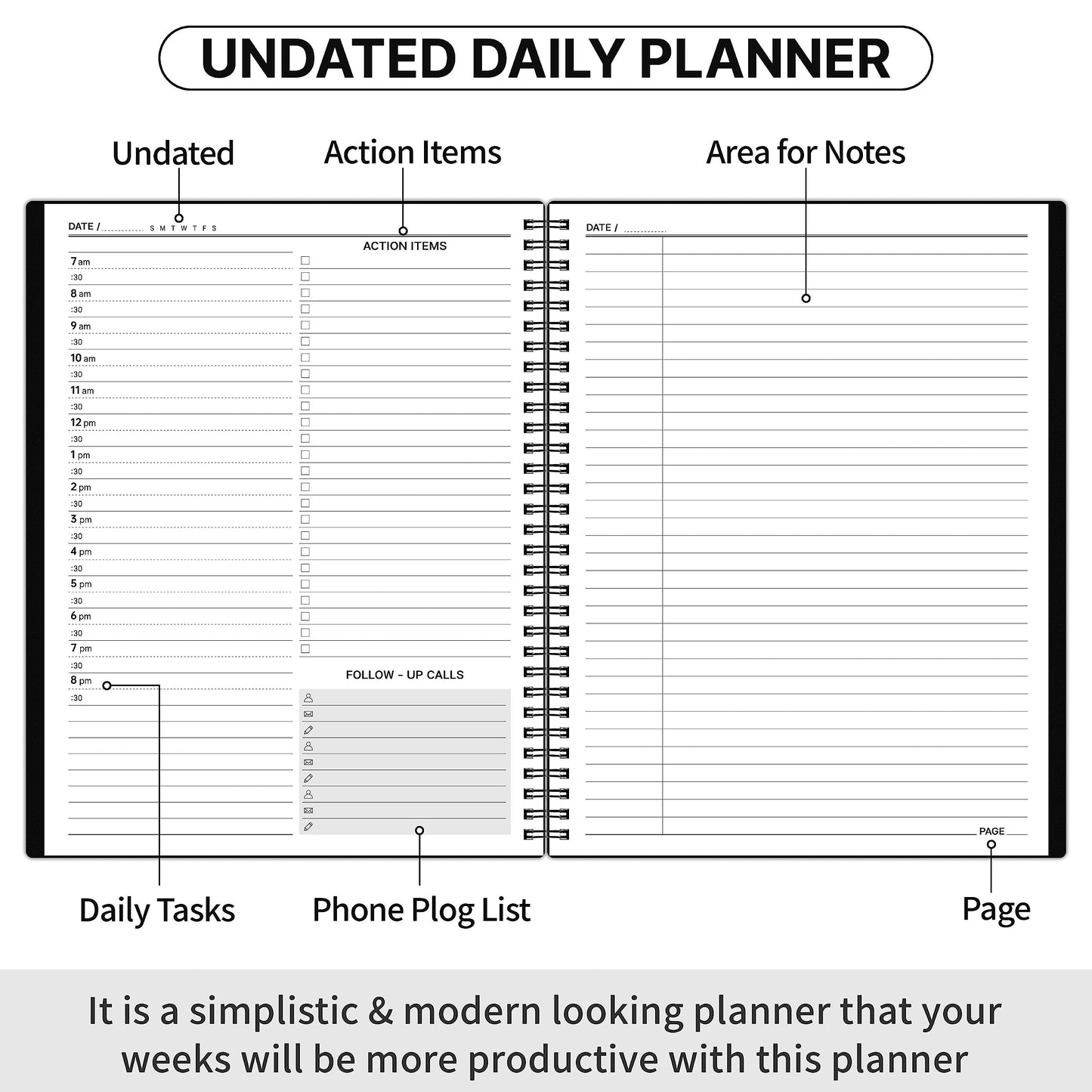 Daily Planner Undated - Spiral Appointment Planners, 208 Pages, 8.8" x 11", Daily Planner with Hourly Schedules, Appointment Book for Man/Women, Inner Pocket, Elastic Closure