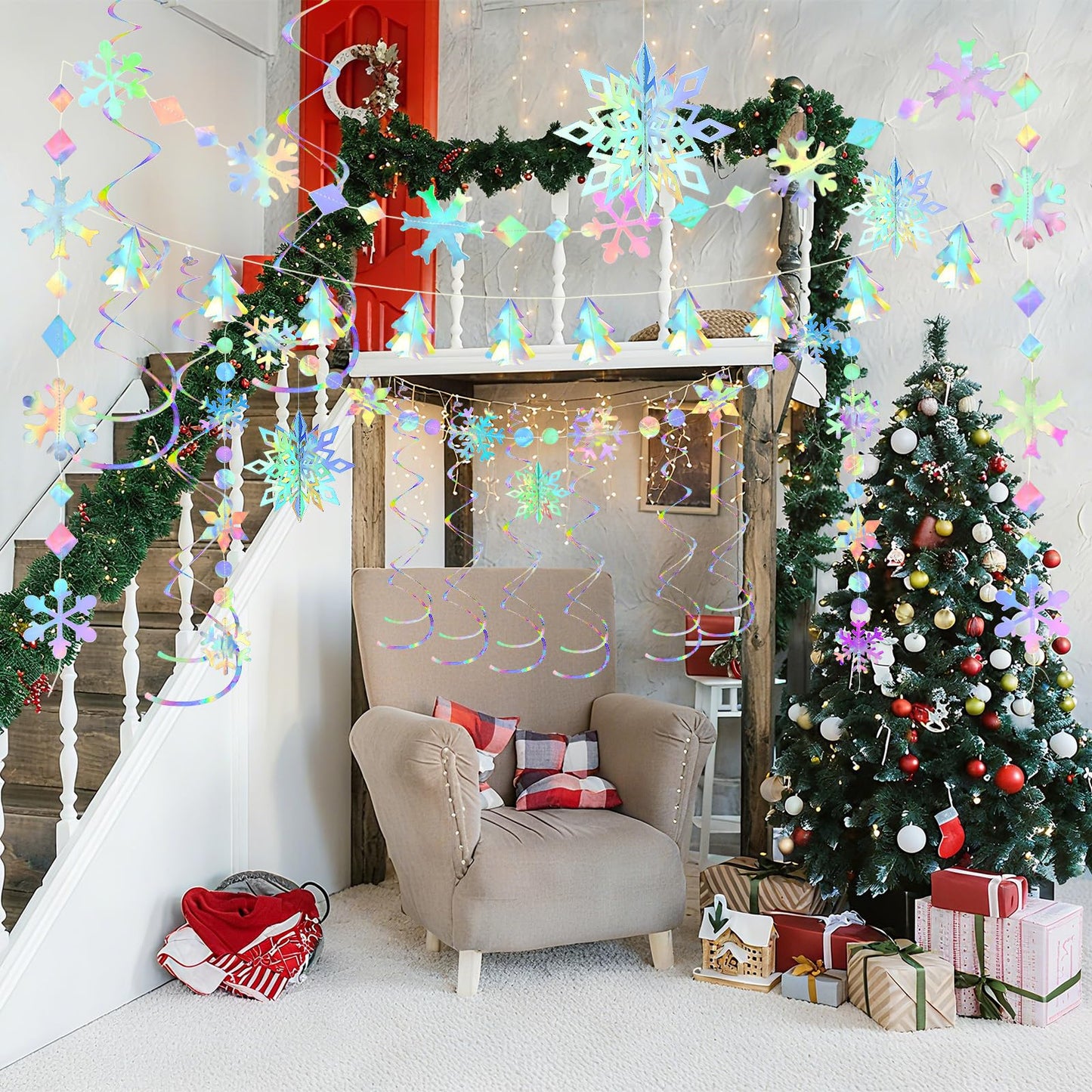 Iridescent Holographic Party Decorations, 29Pcs, Rainbow Swirl Streamers, Snowflake Garland, Christmas Tree Decor, Winter Wonderland Weddings, Disco Parties, Holiday Gatherings (29-Piece/Rainbow)