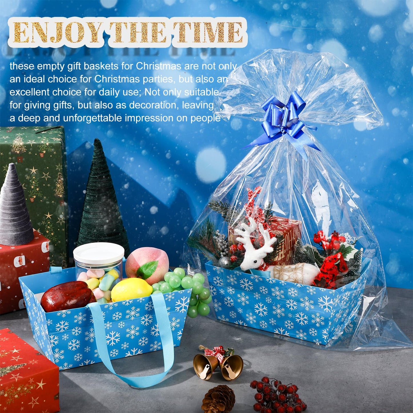 Moinchore 12 Pcs Winter Basket for Gifts Empty 9.8x6.5'' Blue Snowflake Market Tray Cardboard Basket with Bows, Plastic Bags, Twist Ties, Empty to Fill for Holiday Birthday Christmas Party Favor