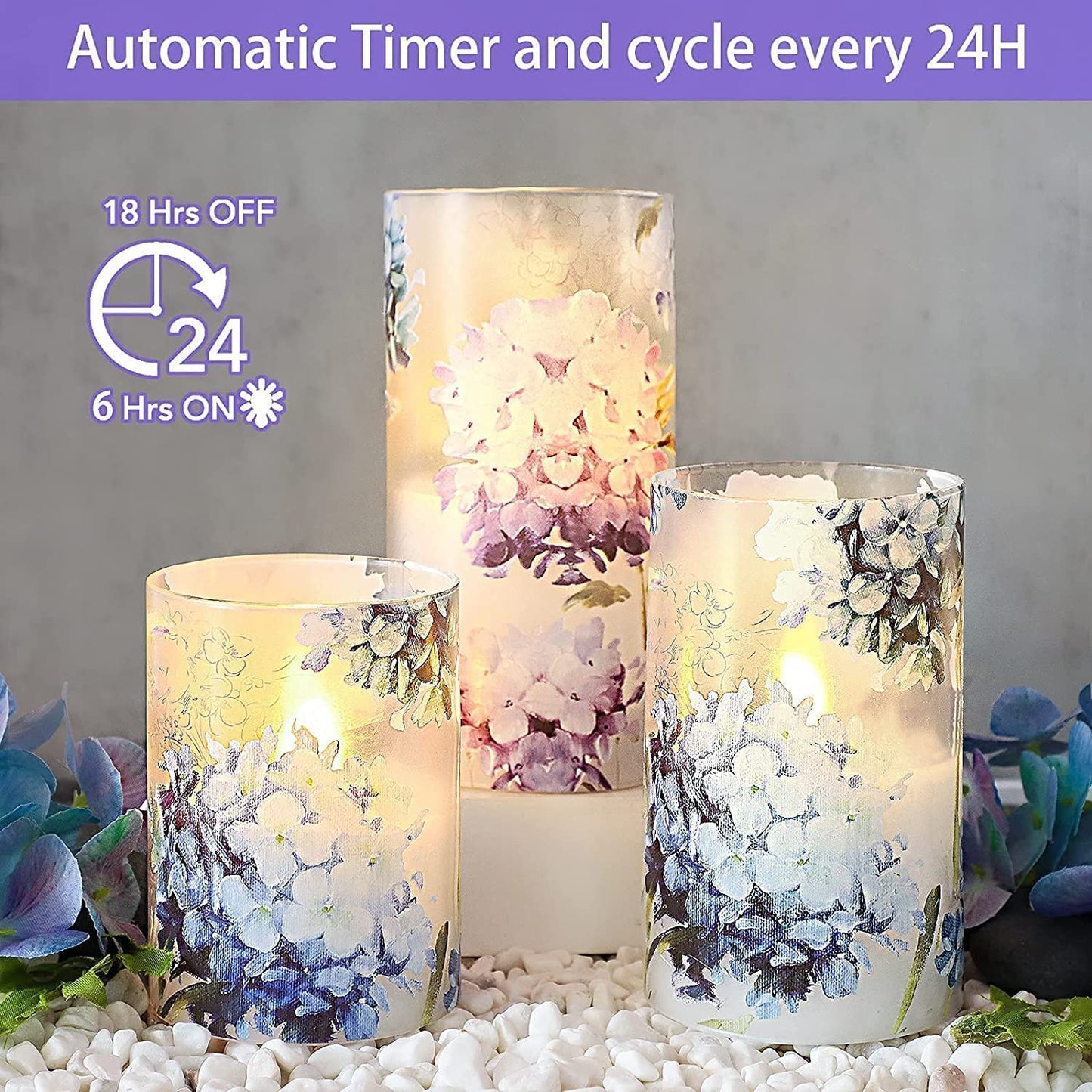 GORGE MOMENT Blue Violet Hydrangea Flameless Candles LED Flicker with Remote DIM Love Theme Summer Spring Decorative Glass Decor Wedding Date Proposal Dinner Table Home Gift for Lover