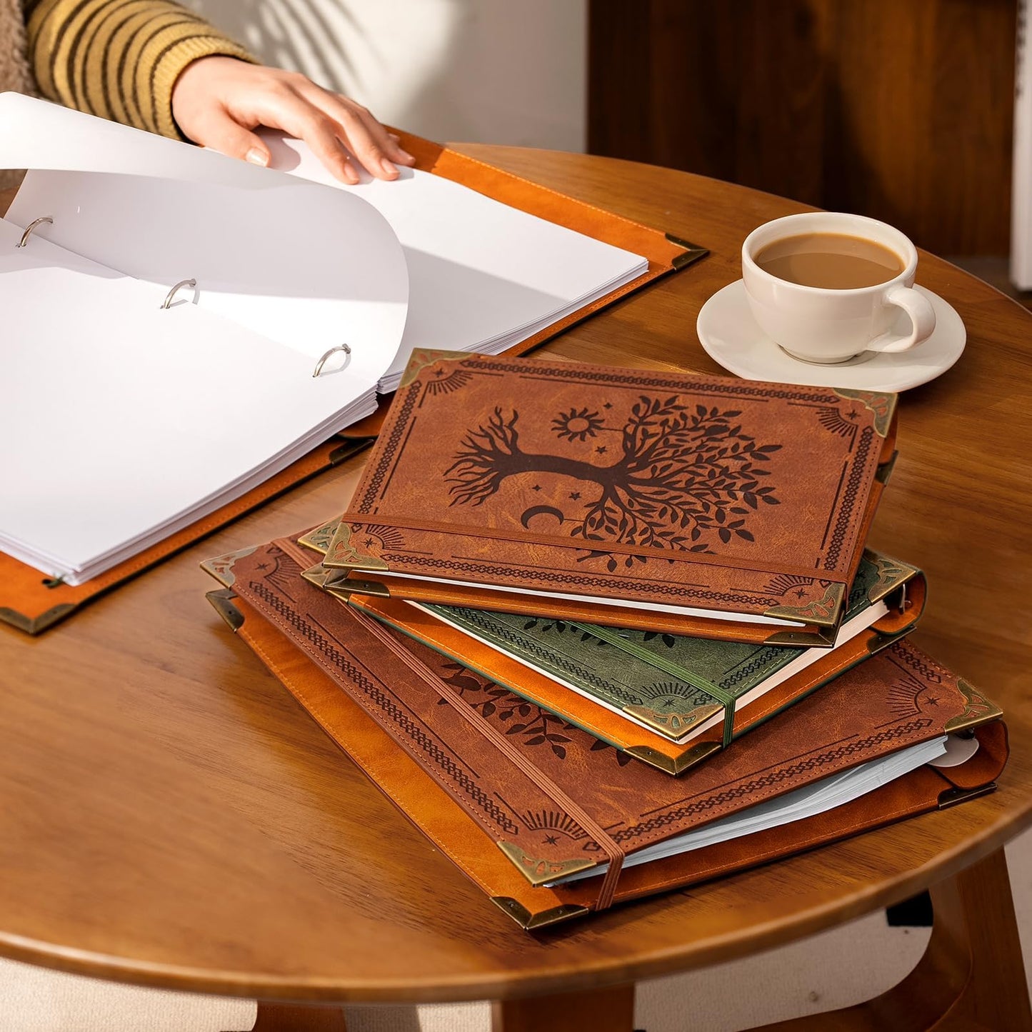 Ovesmusl Leather 3 Ring Binder Fits 8.5"x11" Letter Size Paper, 1 Inch Round Ring Binder Holds 200 Sheets, Notebook Cover Loose Leaf Organizer, Green Tree