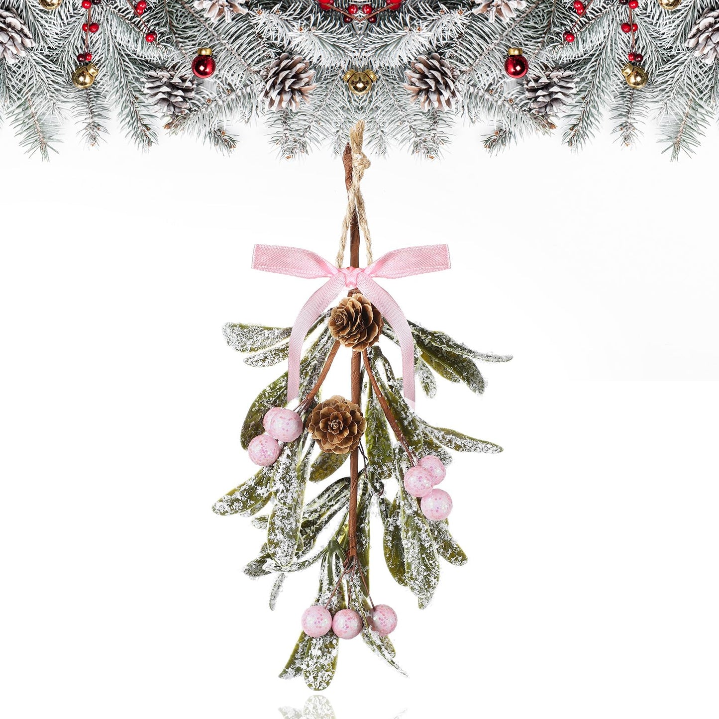 Giegxin 1 Piece Christmas Artificial Mistletoe Ornament with Bow Christmas Hanging Mistletoe Decoration Bouquet Floral Natural Pine Cones Holiday Decor Ornament Bouquet (Pink Style,Pink)