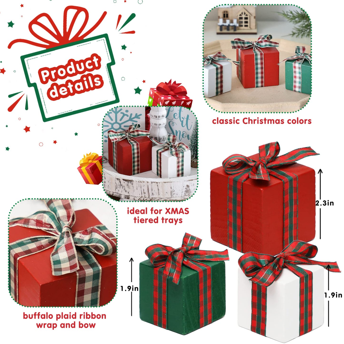 Christmas Tiered Tray Decor Set of 3 Mini Wood Small Table Decor Shelf décor (Buffalo Plaid 1)