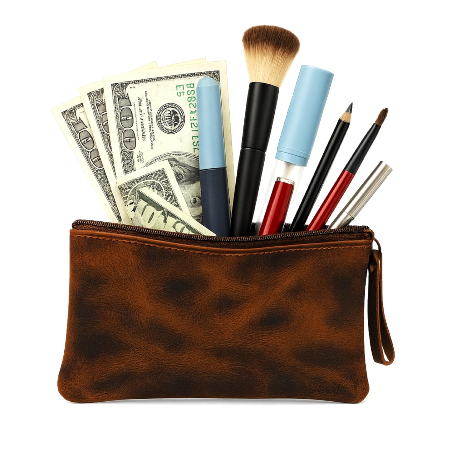 TheAntiq Leather Pencil Pouch, Currency Pouch, Leather Pencil Case, Zippered Pouch Paper Money, Pen Case, Pen & Marker Case, Pencil Case For Artists & Professionals (Brown)