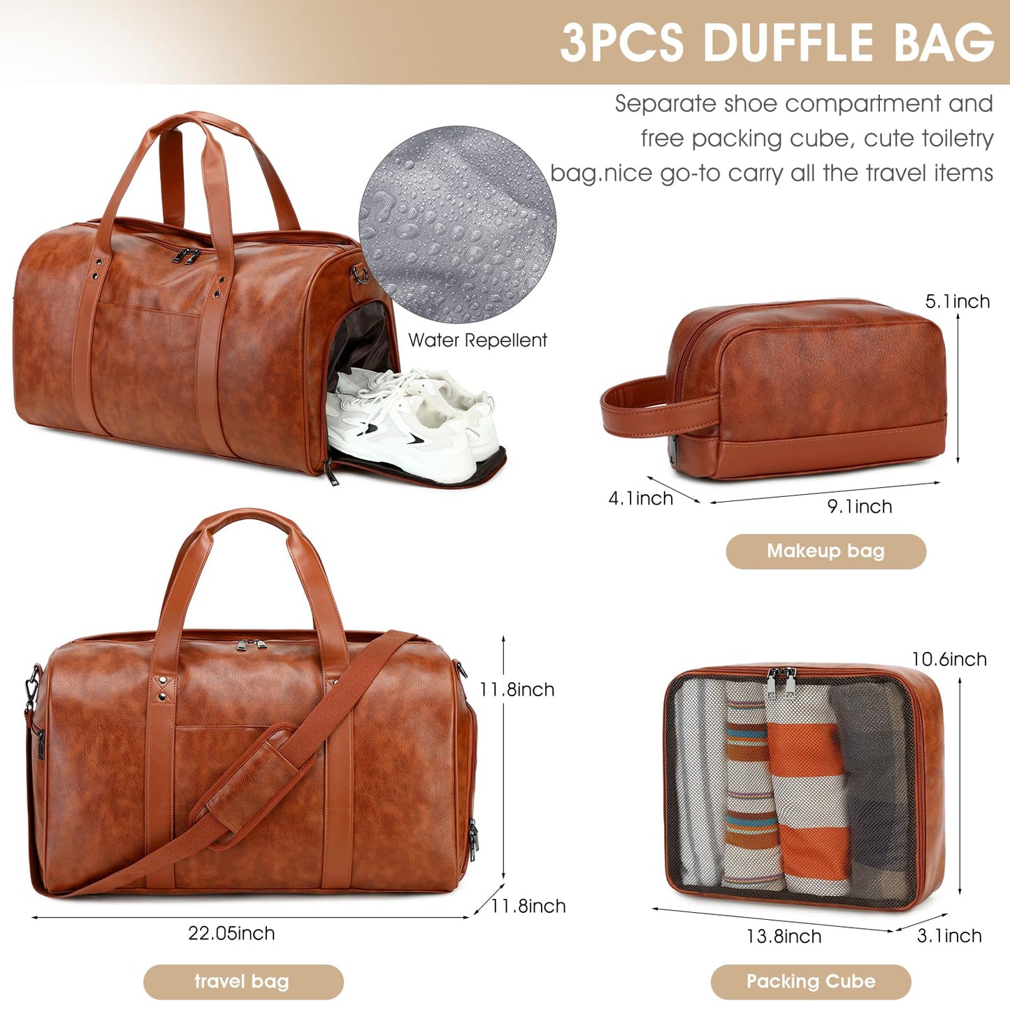 Wogarl 3PCS Faux Leather Weekender Bag for Women Men Large Overnight Travel Duffel Bags with Shoe Compartment Toiletry Packing Cube Carry On Duffle Fit 21" Laptop(Dark Brown)