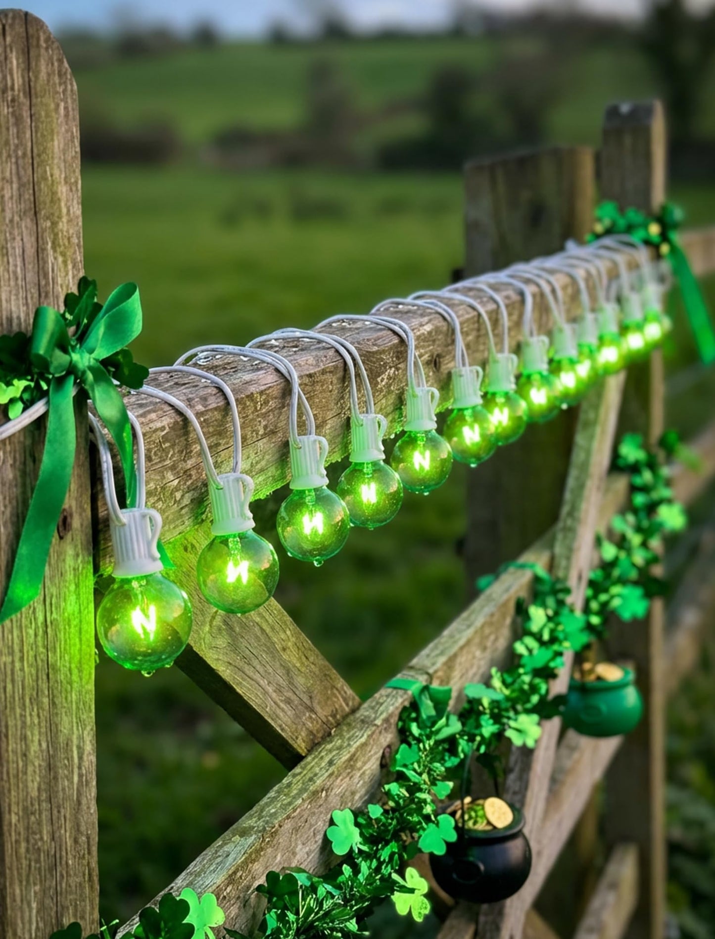 50Ft St. Patrick's Day G40 Outdoor String Lights, G40 Globe Patio String Lights Waterproof with 27 Green Incandescent Bulbs, Connectable Hanging Light for Backyard Porch Balcony St Patricks Day Decor