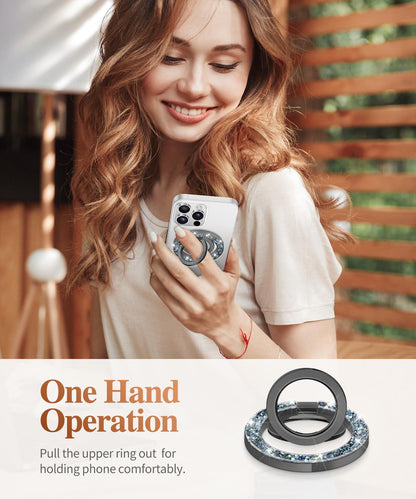 GVIEWIN Magnetic Phone Ring Holder, Compatible with MagSafe Phone Grip with Adjustable Stand, Magnet Phone Ring Kickstand for iPhone 17/16/15/14/13/12 Pro Max Plus Air/Other Phones (Glitter/Silver)
