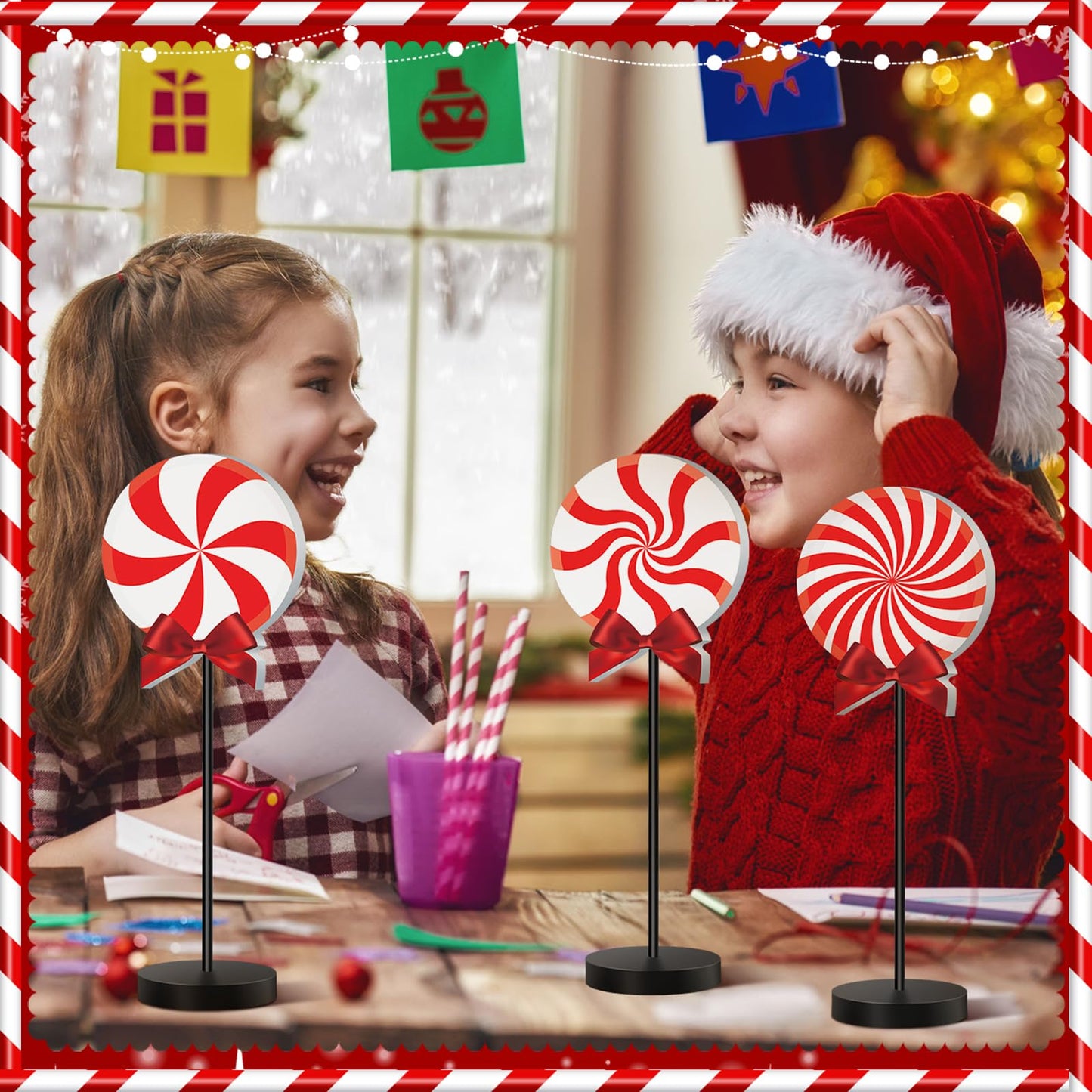 Geetery 6 Pcs Christmas Table Decorations Wood Candy Set Red Christmas Tiered Tray Decor Peppermint Tables Signs Home Decorations for Xmas Holiday Kitchen Table Top Decor(Red White,Classic)