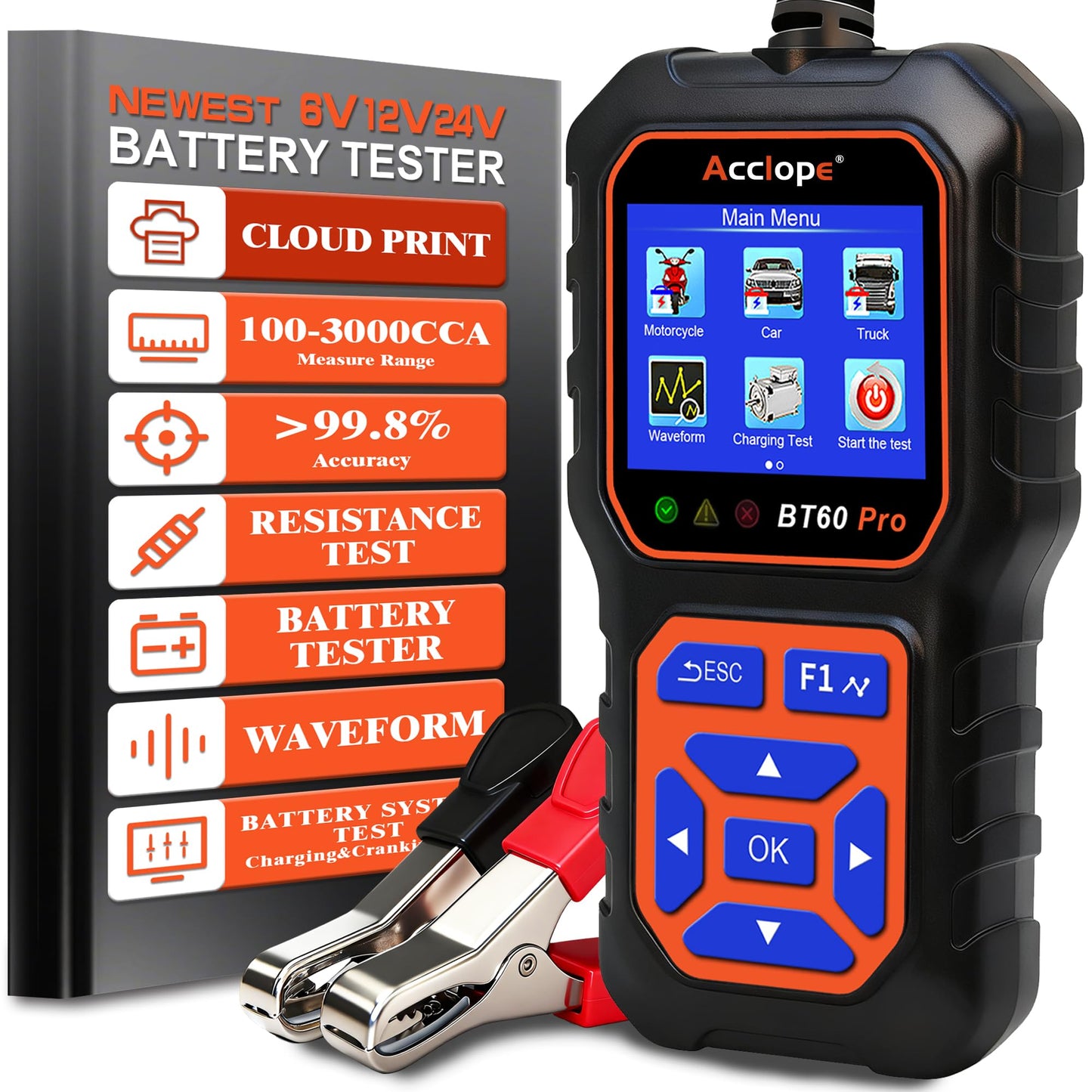 Acclope BT60 PRO Car Battery Tester 6V/12V/24V, 2-120Ah, 100-3000 CCA, Alternator & Starter/Charging System Analyzer, Automotive Load Test, QR Cloud Report (No App), for Car Truck Motorcycle Marine/RV