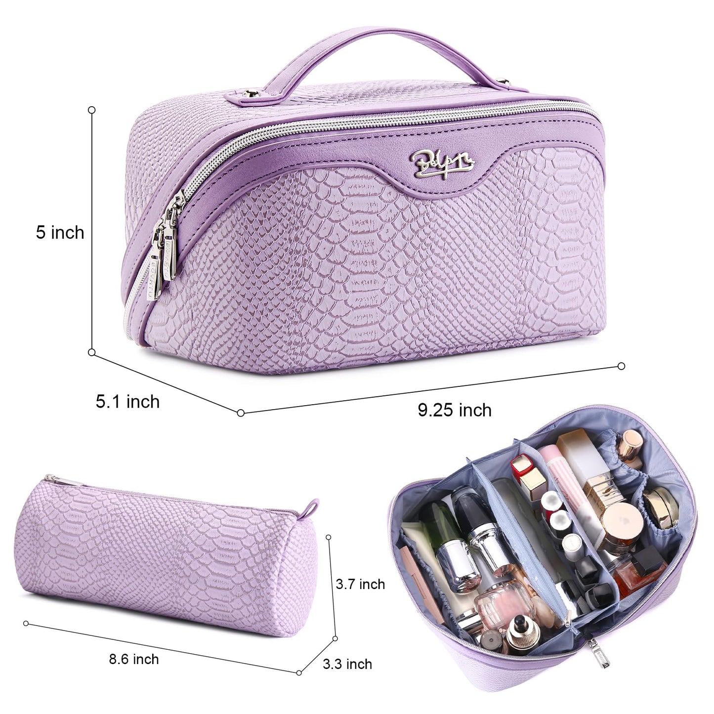 BOYATU Travel Makeup Bags for Women: 3 Pcs Set Wide Open Cosmetic Bag - Portable Make up Bags with Handle - Vegan Leather Toiletry Organizer Bag with Divider (G-01-Purple)