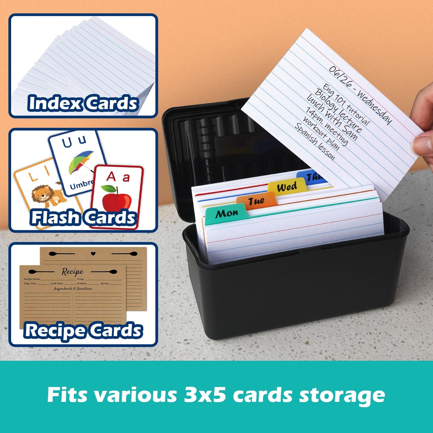 Olivo Index Card Holder Box 3x5 Flash Note Card Holder Storage File Box Organizer Case for 3"x5" Cards, 4 Colors Pack