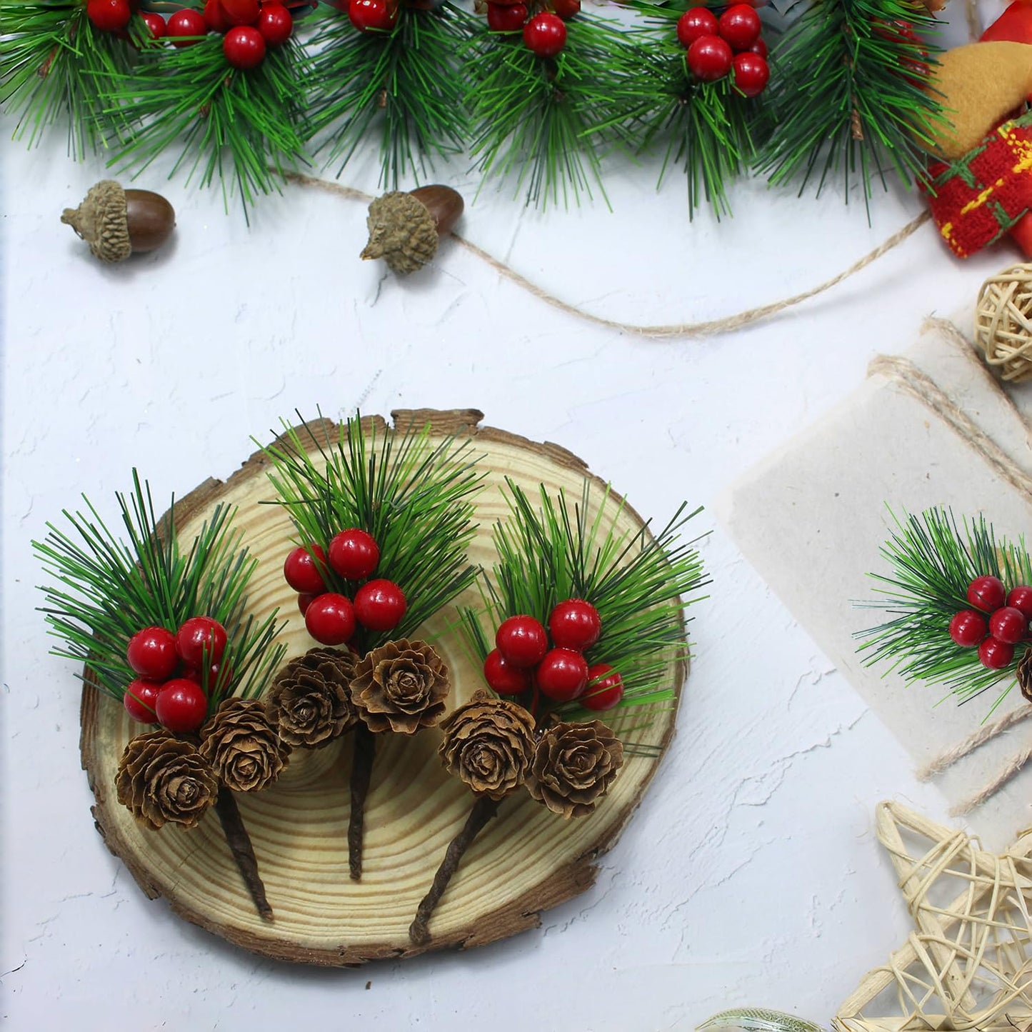 Christmas Floral Picks with Pine Cones and Holly Berries, 30Pcs Artificial Pine Greenery Stems Christmas Picks and Sprays for Holiday Decoration, Crafts, Gift Wrap Embellishments (30)