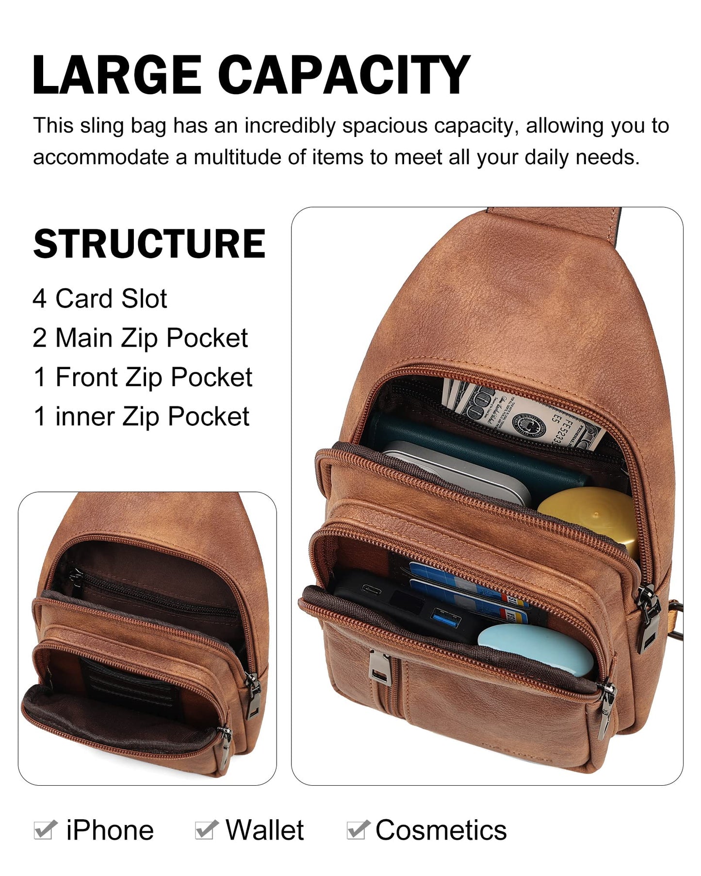 MASINTOR Sling Bag for Women - Crossbody Bags Fanny Pack with Vegan Leather - Adjustable Sling Backack for Travel Mocha Brown