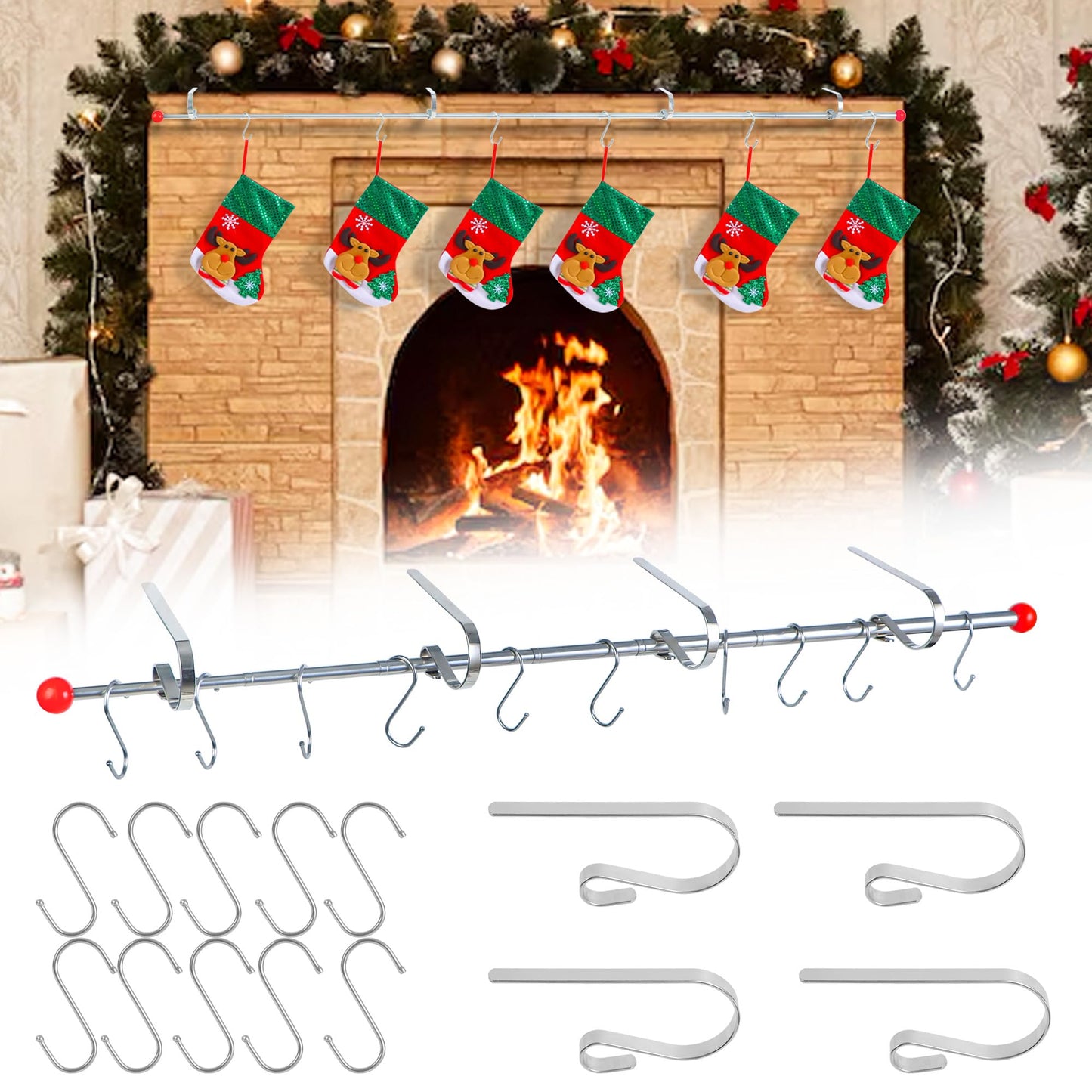 Muximud 3 in 1 Christmas Fireplace Stocking Holders for Mantel, 59" Adjustable Metal Mantel Garland Stocking Hanger Rod with 10 Hooks for Holiday Fireplace Counter Window Decoration