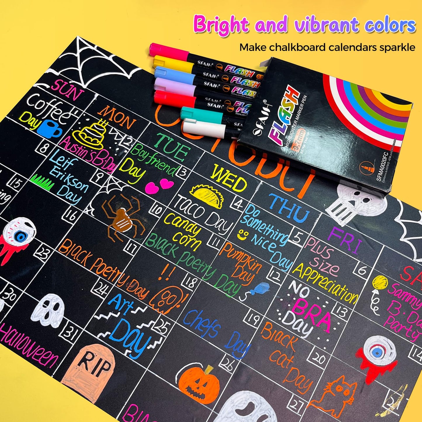 SFAIH 30 Vibrant Liquid Chalk Markers for Bhalkboard, Calendar, Glass - [1s Wet Wipe] No Residue, 0.7-1mm Extra Fine Tip, Chalk Pens for Bistro, Labels [Highlighter Marker Pen for LED light board]