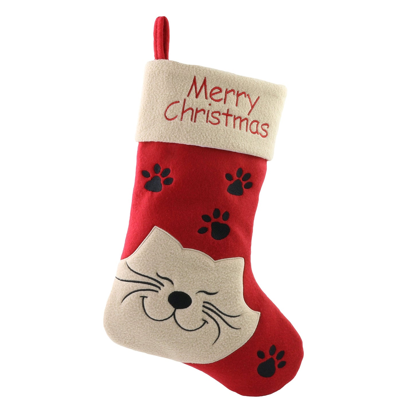 WEWILL 18’’ Cat Felt Christmas Stockings Paws Embroidered for Pets Kitty Red Xmas Stocking Gift Bag Cuff Lovely Home Holiday Decoration