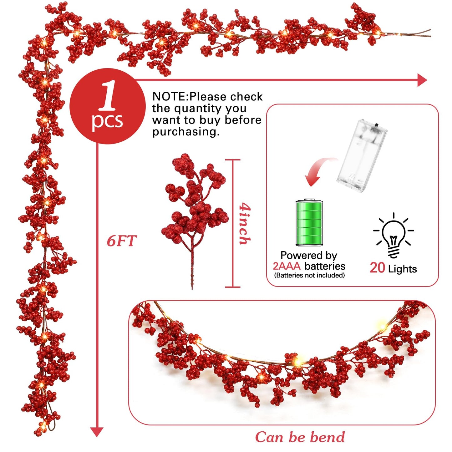 Syhood Christmas Berry String Garland with Lights Thanksgiving Artificial Lighted Garland for Home Xmas Winter Tree Decor Office Fireplace Mantel Decoration Holiday Valentines, 6 Ft (Red,1 Pc)