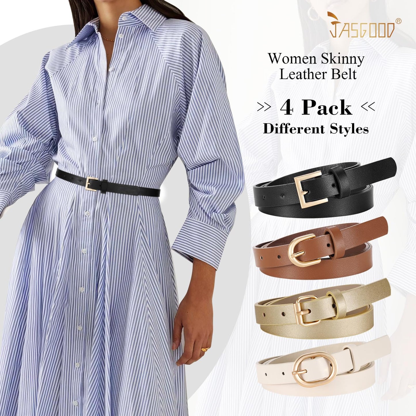 JASGOOD 4 Pack Women Skinny Leather Belt for Dresses with Gold Buckle Ladies Thin Waist Belt for Jeans Pants，Brown+Black+Gold+White