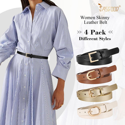 JASGOOD 4 Pack Women Skinny Leather Belt for Dresses with Gold Buckle Ladies Thin Waist Belt for Jeans Pants，Brown+Black+Gold+White