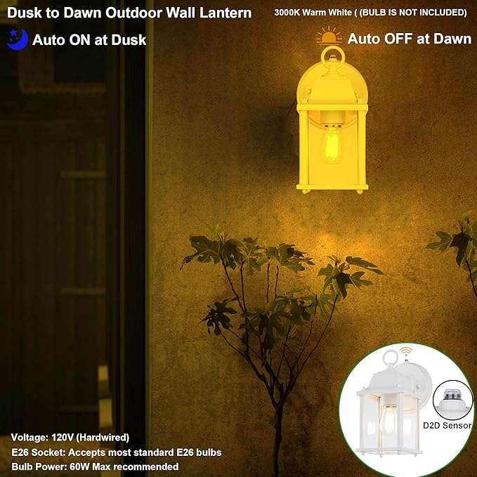 LIT-PaTH Dusk to Dawn Outdoor Wall Lantern, Wall Sconce Waterproof Porch Lighting Fixture, E26 Base, Aluminum Housing with Glass Shade, 1-Pack, White